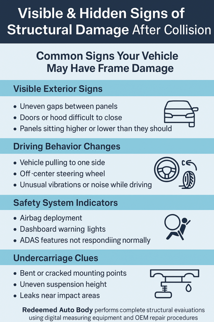 Visible and hidden signs of structural damage after collision