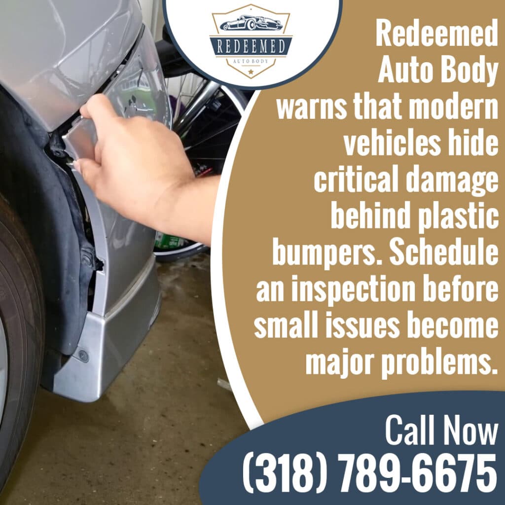 Auto body technician inspecting hidden damage behind a plastic car bumper during a collision repair assessment