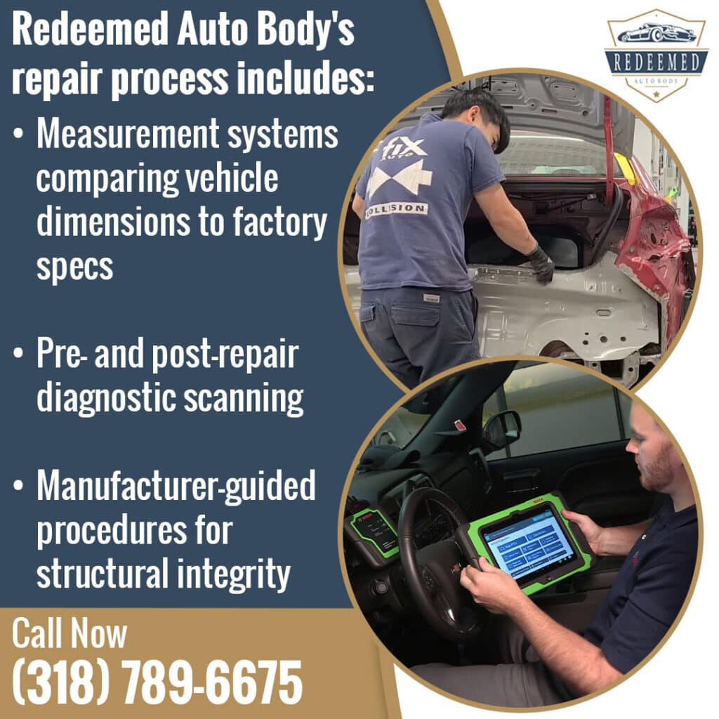 Auto body technician performing vehicle diagnostic scan and structural repair inspection during collision repair