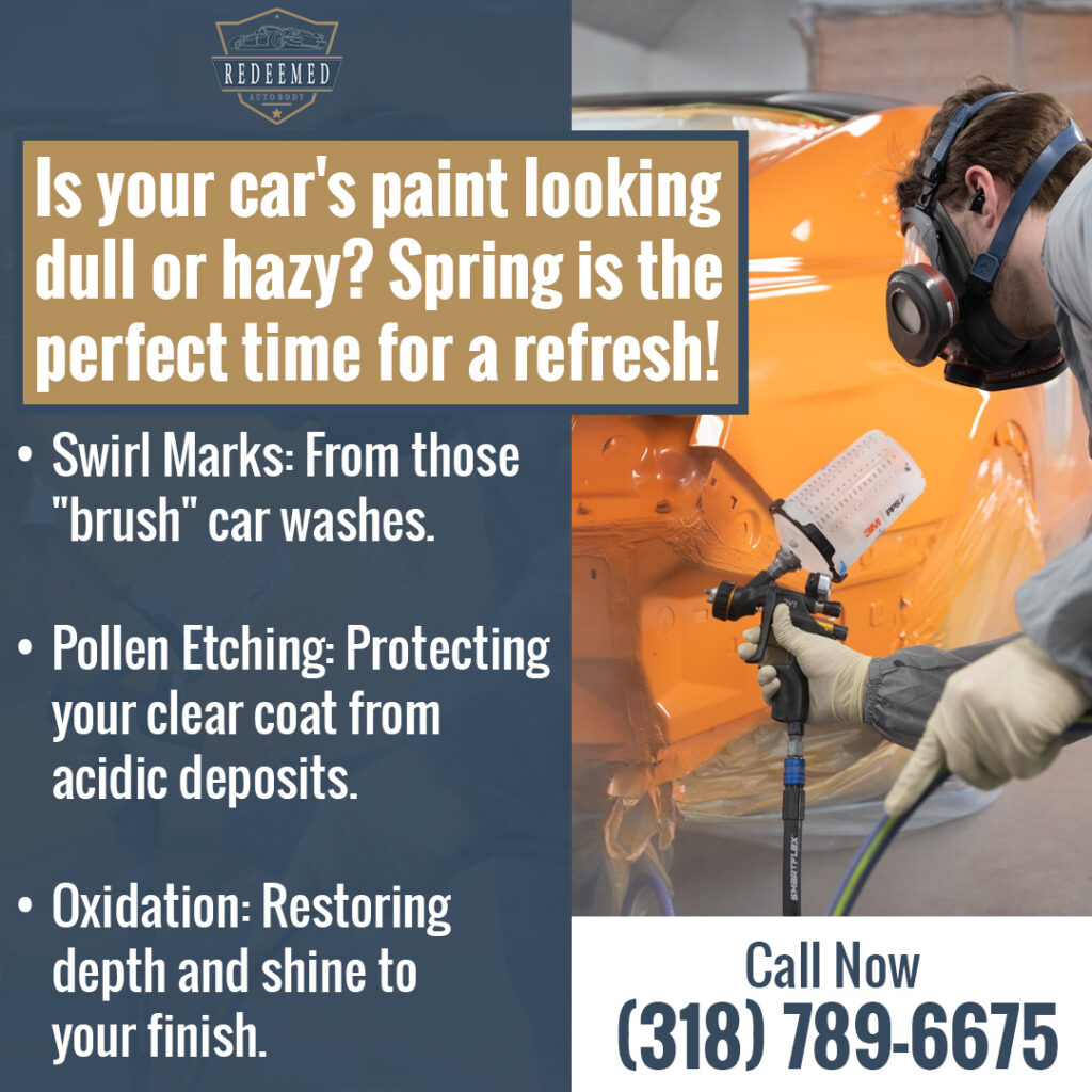 Auto body technician spray painting an orange vehicle at Redeemed Auto Body to restore finish, clear coat protection, and shine