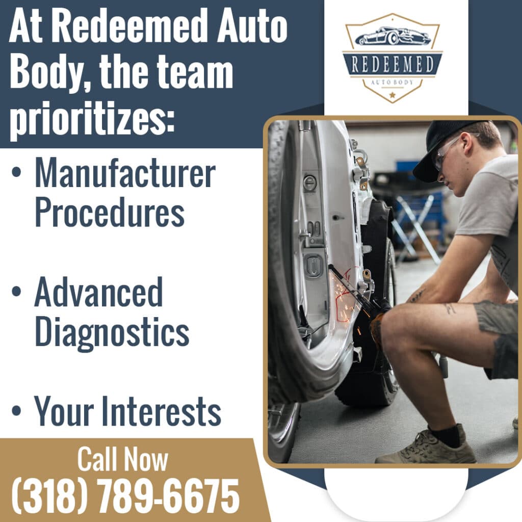 Auto body technician working on vehicle repair at Redeemed Auto Body with a focus on manufacturer procedures and advanced diagnostics
