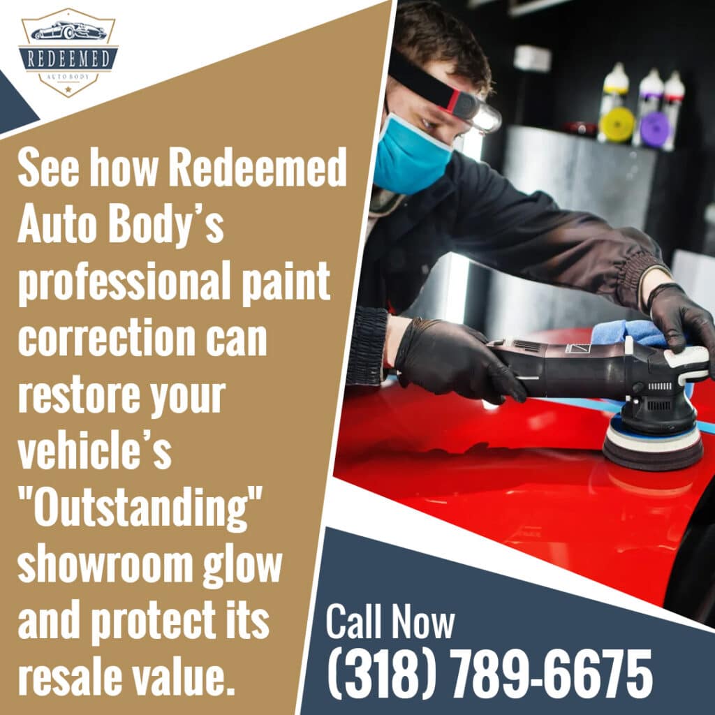 Technician performing paint correction on a red vehicle at Redeemed Auto Body to restore gloss and improve resale value.