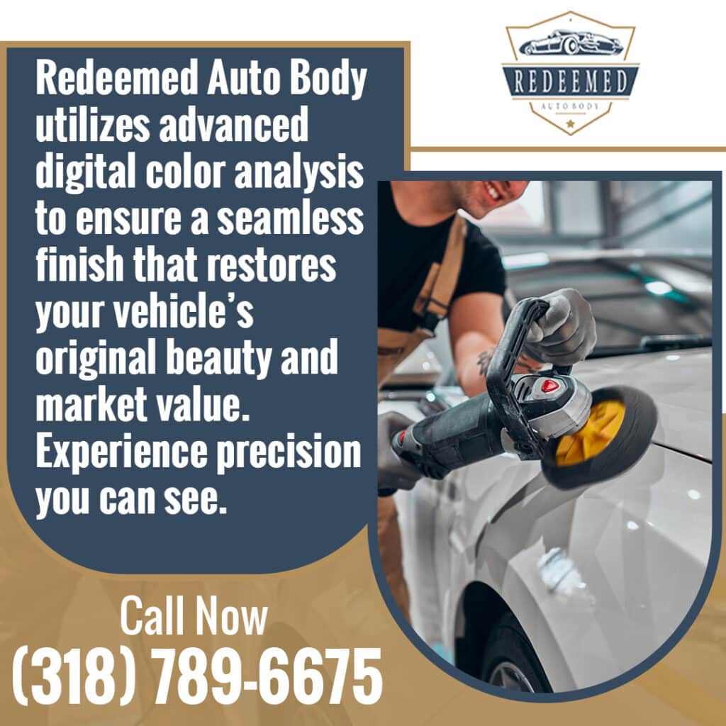 Technician polishing a white vehicle panel at Redeemed Auto Body as part of digital color analysis and paint correction to restore a seamless finish and preserve market value.