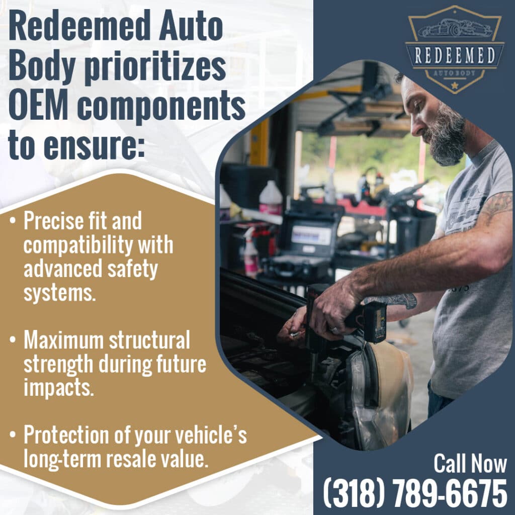 Technician at Redeemed Auto Body installing OEM components during collision repair to support advanced safety system compatibility, structural strength, and long-term resale value.