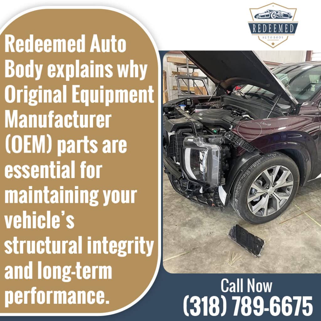 Front-end vehicle repair in progress at Redeemed Auto Body showing OEM replacement parts used to help maintain structural integrity, proper fit, and long-term performance.
