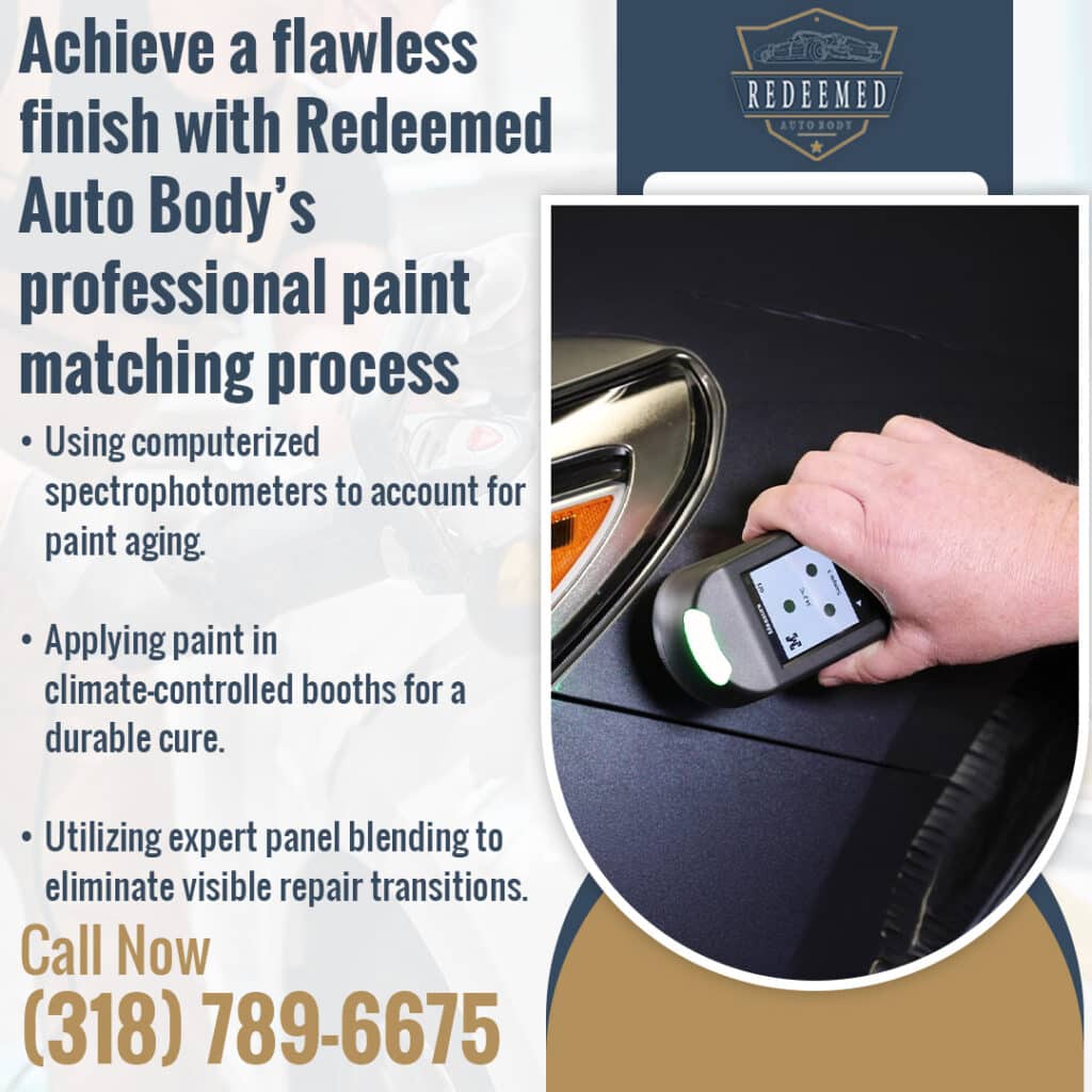 Spectrophotometer color matching process at Redeemed Auto Body used to analyze paint tone and help achieve a flawless, blended collision repair finish.