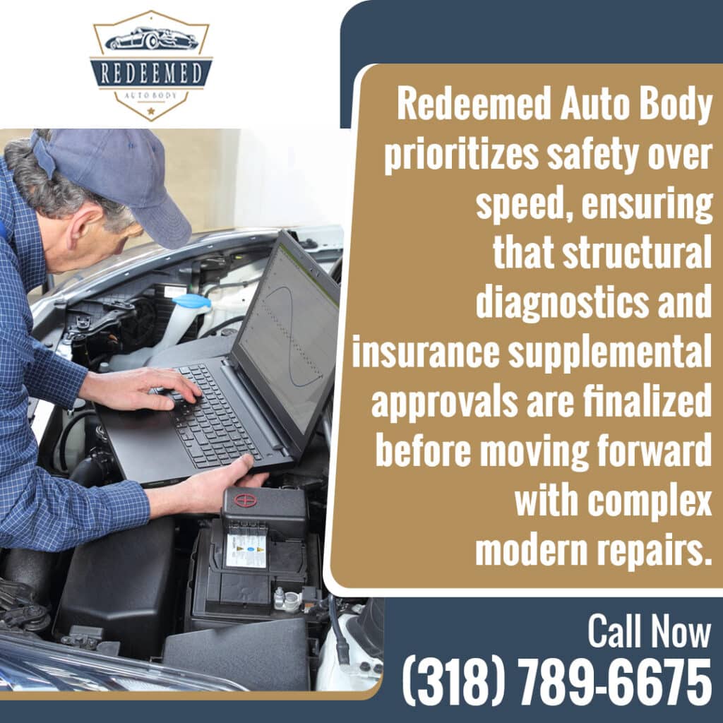 Redeemed Auto Body performing structural diagnostics before insurance approval for complex auto body repairs
