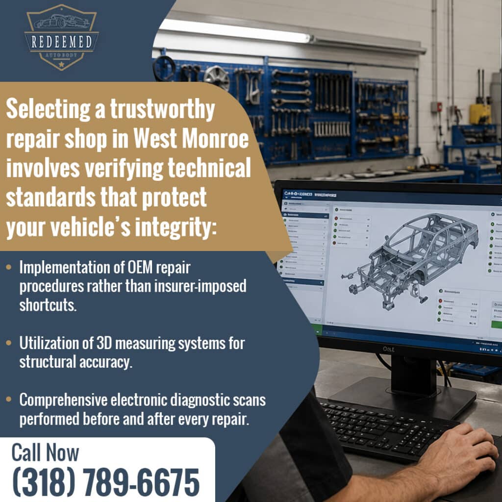 Redeemed Auto Body in West Monroe using OEM repair procedures and electronic diagnostic scans