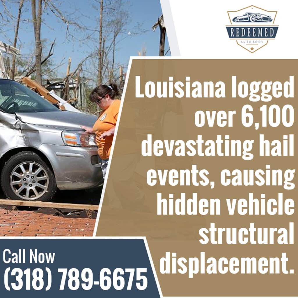 A woman inspecting storm and hail damage on a silver car next to text about Louisiana hail events and vehicle displacement.
