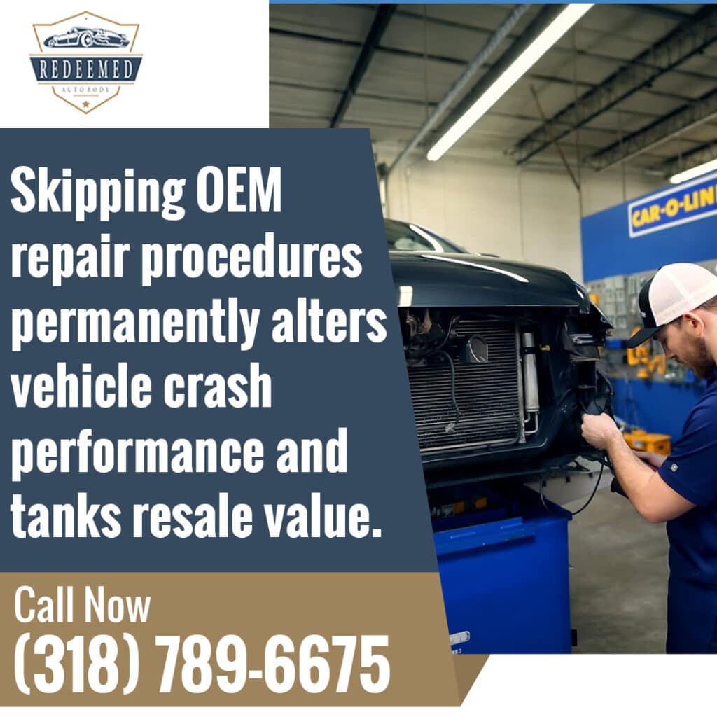 A technician working on the front frame of a disassembled black vehicle next to text warning about skipping OEM repair procedures.