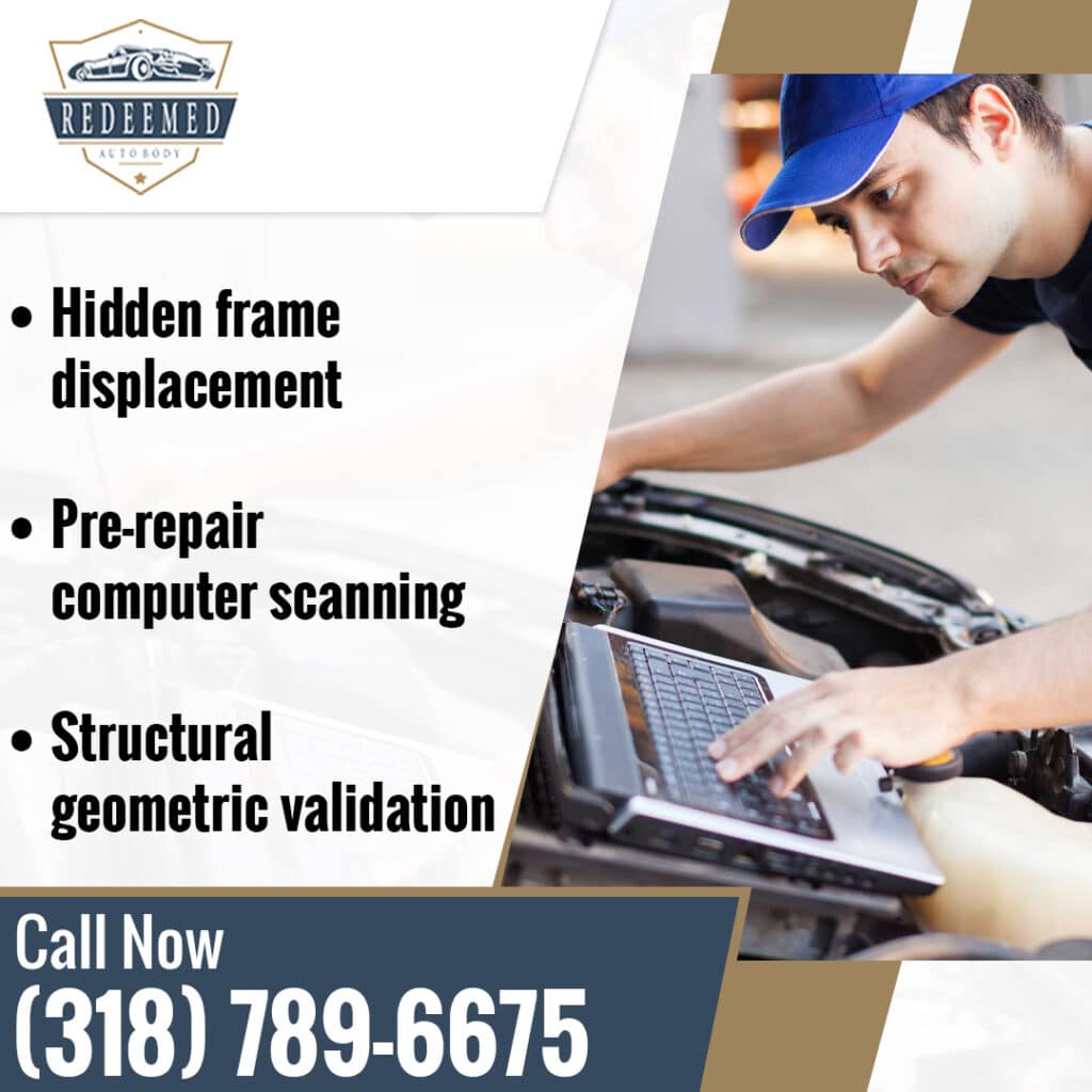 A mechanic in a blue cap performing a pre-repair computer scan under the hood of a car with bullet points on structural validation.