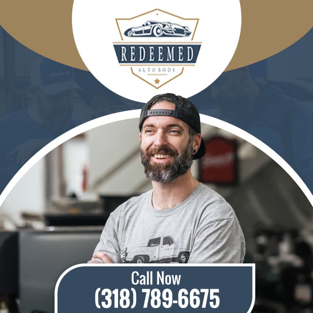 A smiling bearded technician in a grey shirt and backward cap standing with arms crossed inside an auto body repair shop.