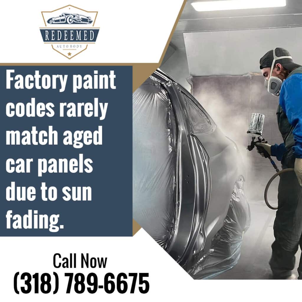 Auto body technician wearing protective gear and respirator spraying paint onto a masked car panel in a paint booth.