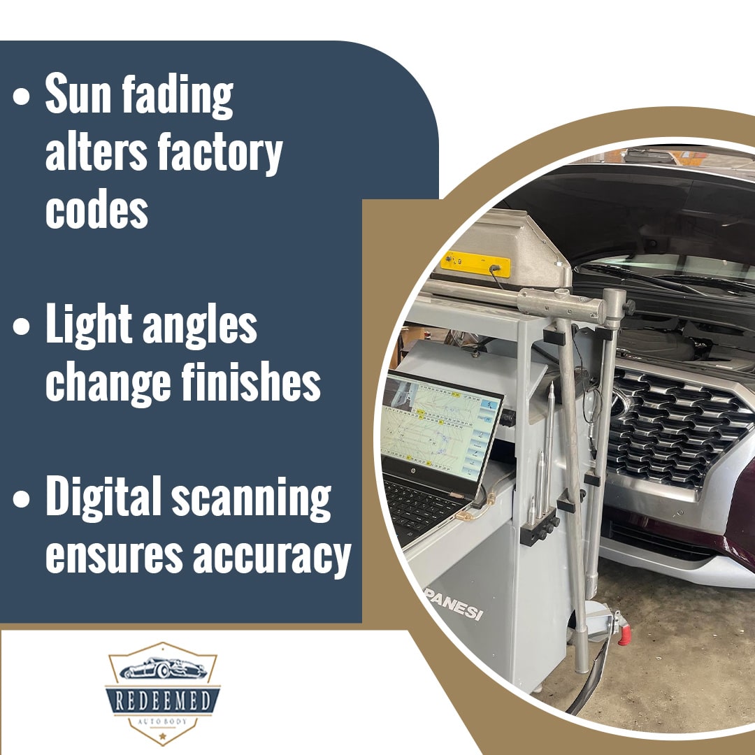 Digital automotive scanning equipment and diagnostic laptop set up in front of a car with an open hood in a collision repair shop.