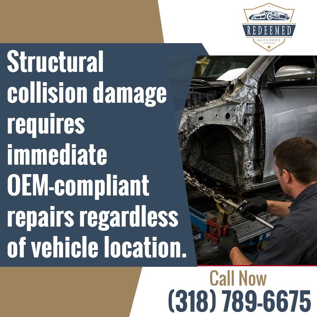 Certified collision repair technician operating frame straightening equipment and heavy-duty pulling chains on a severely damaged car chassis.