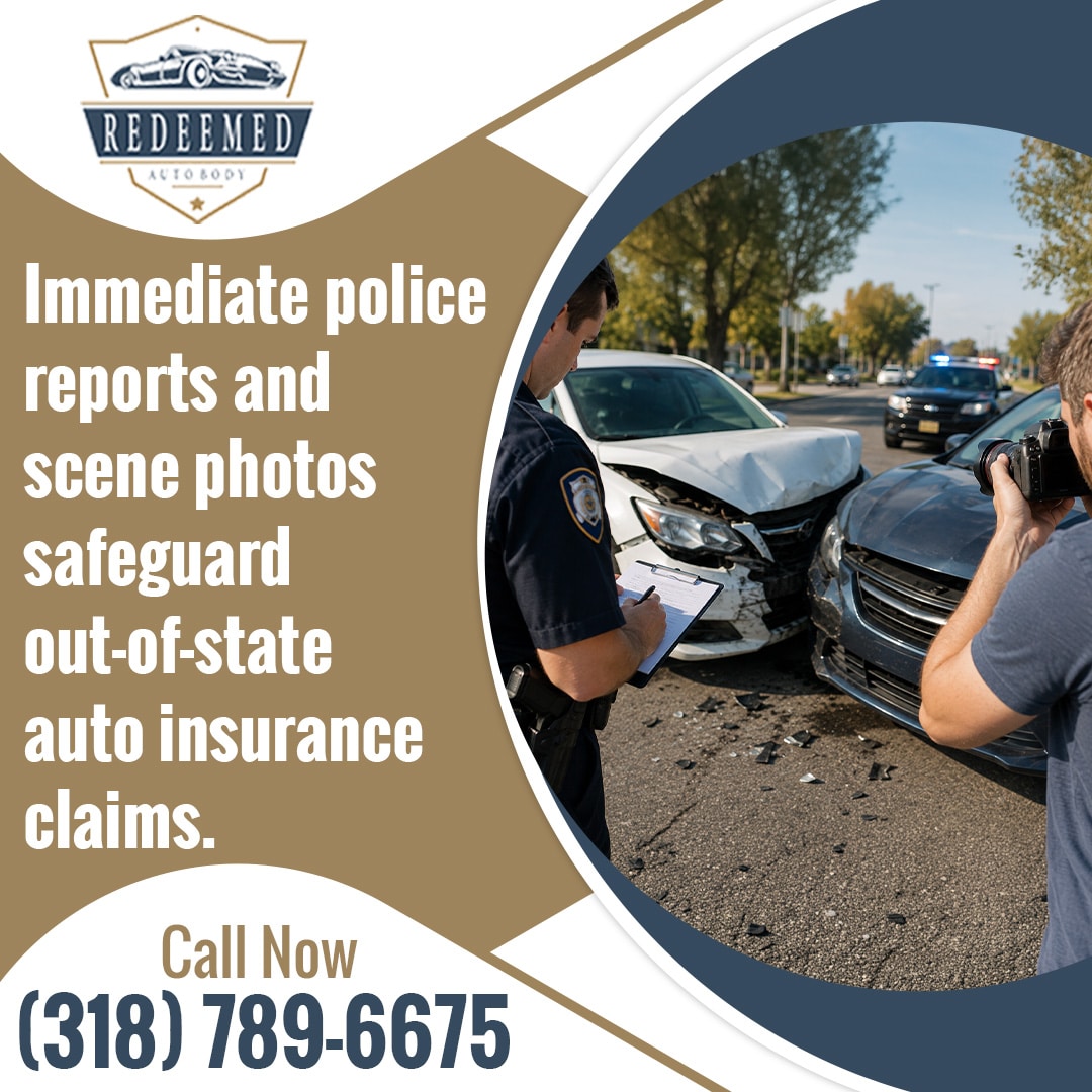Police officer taking notes on a clipboard and a photographer capturing damage at a two-car front-end collision scene.