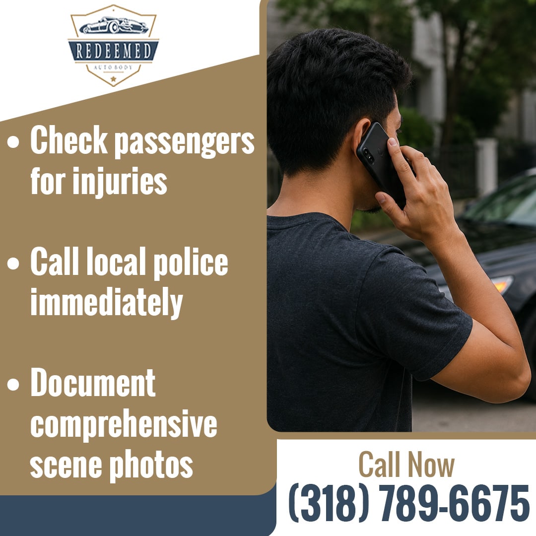 Driver standing next to a car making an emergency phone call after an auto accident.
