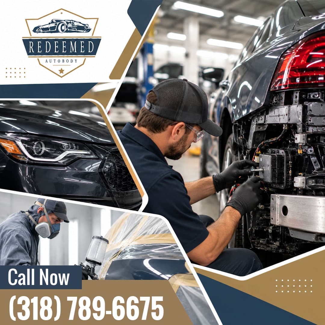 Auto collision technician working on exposed rear bumper wiring and sensors, with insets showing a polished front headlight and a technician spray-painting in a protective mask.