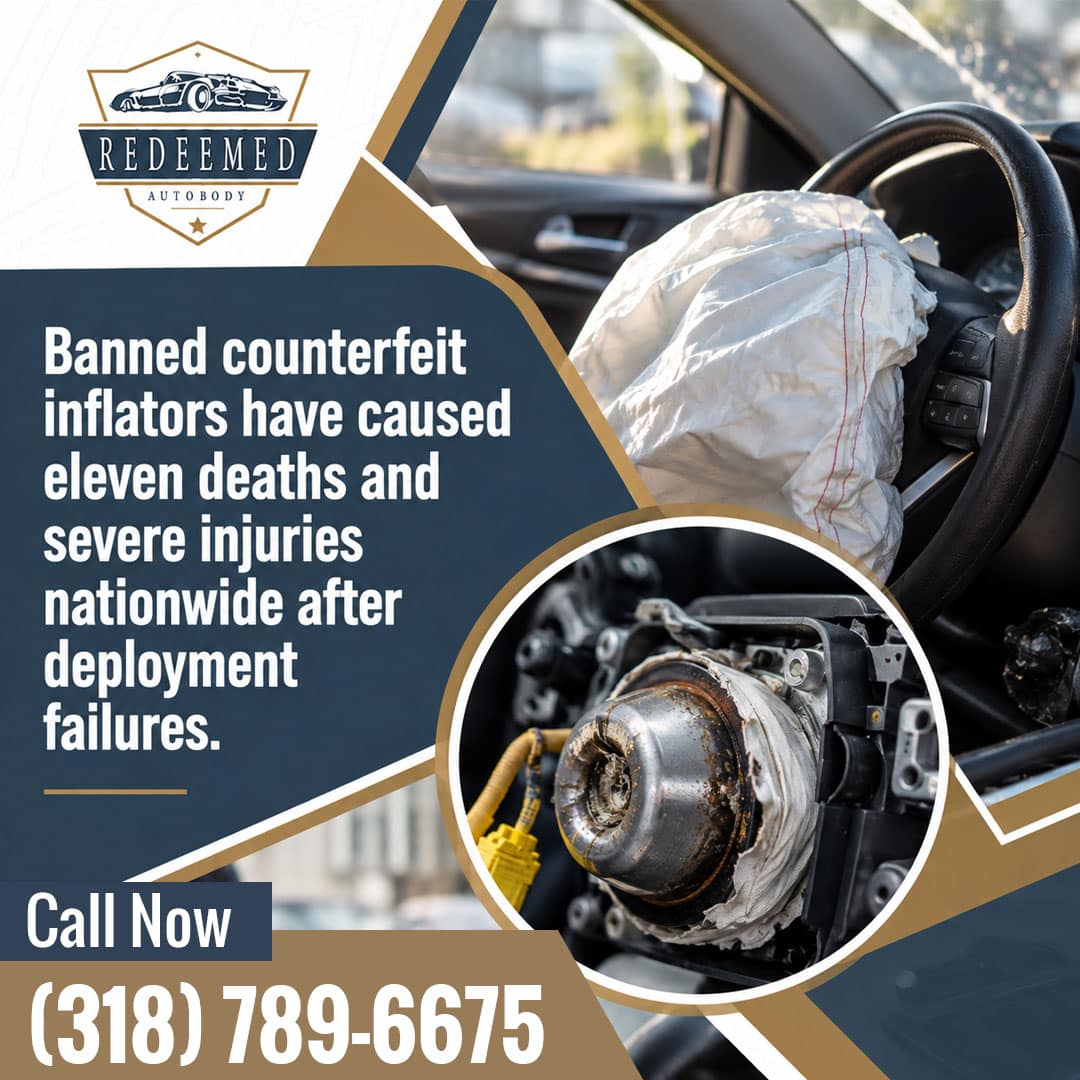 Deployed driver-side steering wheel airbag inside a vehicle, accompanied by a circular detail inset showing a defective, corroded, ruptured metal airbag inflator mechanism.