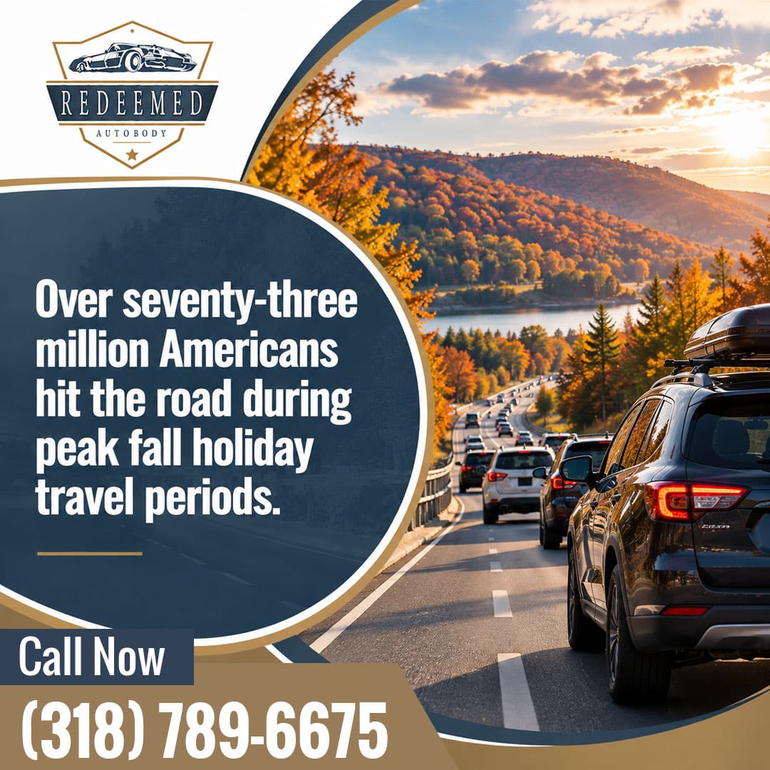 Heavy line of vehicles driving along a scenic highway winding past a lake and autumn foliage at sunset.
