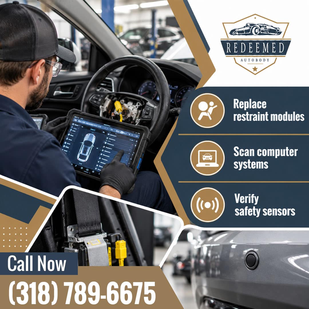 Collision repair technician in a vehicle interior operating a digital diagnostic scanner tablet near an open steering column, accompanied by insets of a seatbelt pre-tensioner module and a bumper parking sensor.