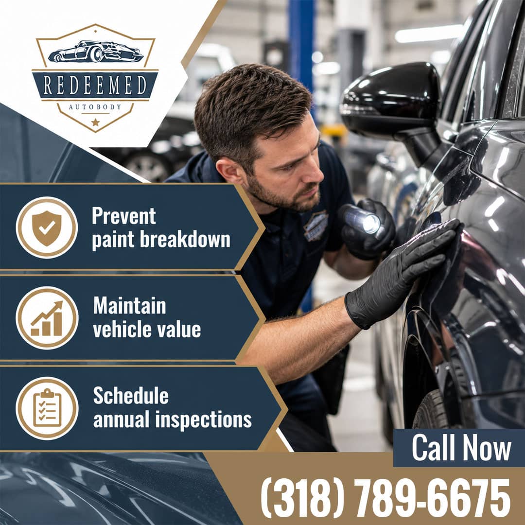 Auto body technician wearing black gloves inspecting a black vehicle's front fender with a detailing light and microfiber cloth.